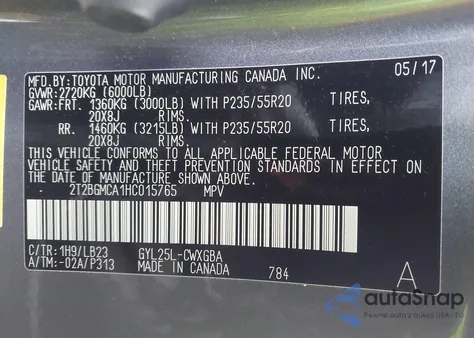 2017 Lexus Rx 450H z USA, uszkodzony, nr VIN 2T2BGMCA1HC015765